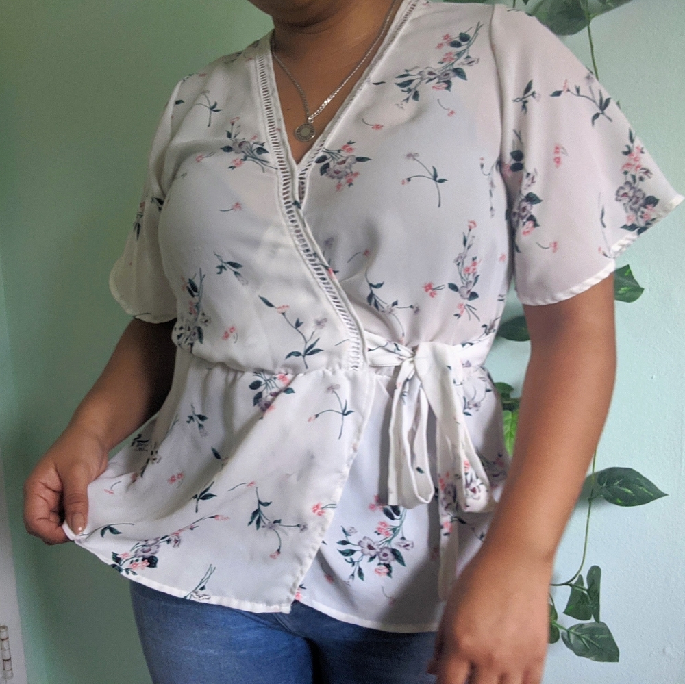Spring White Floral Print Wrap Blouse